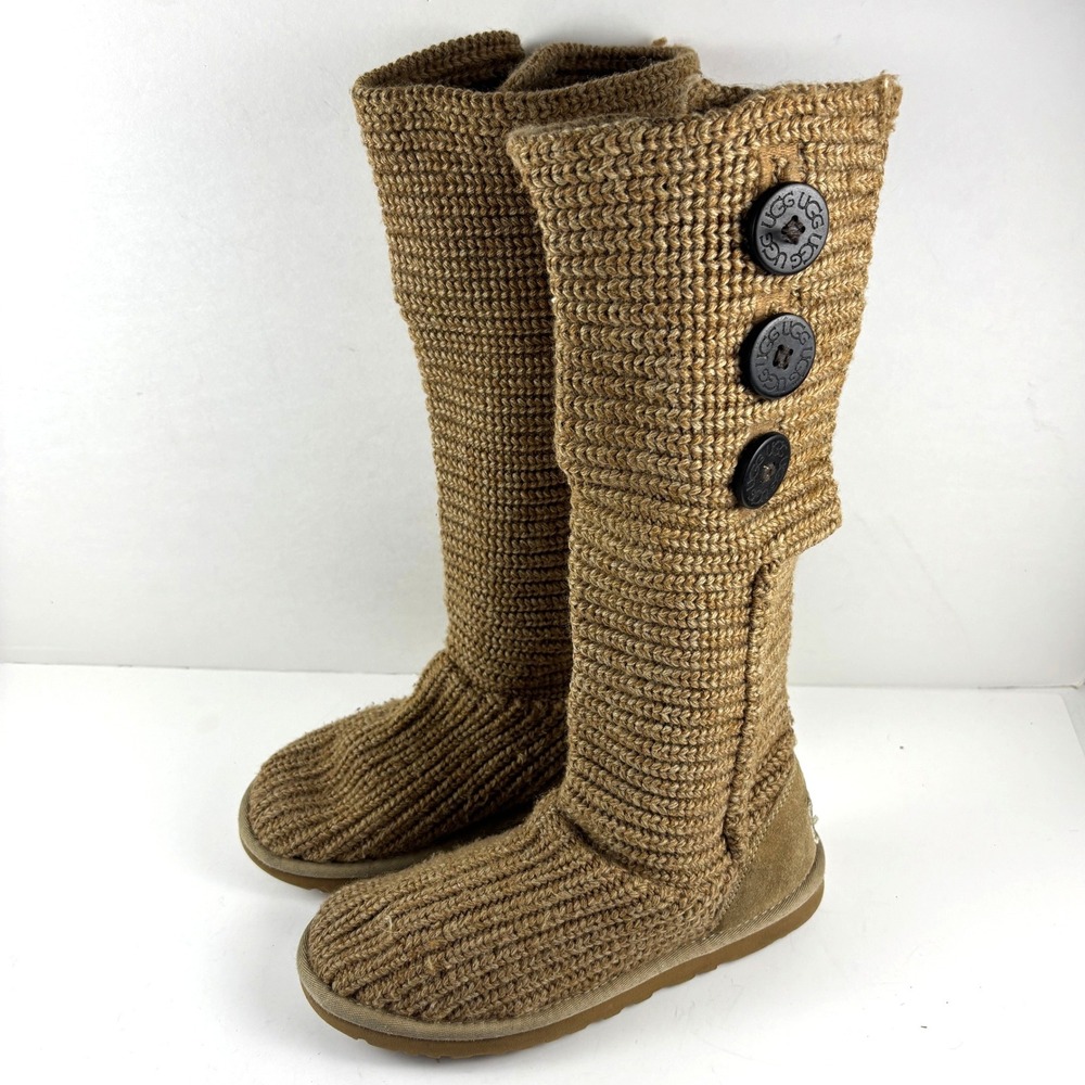 UGG Lattice Cardy Boots Women Tan Brown Knit Button Tall 5819 *FLAW*